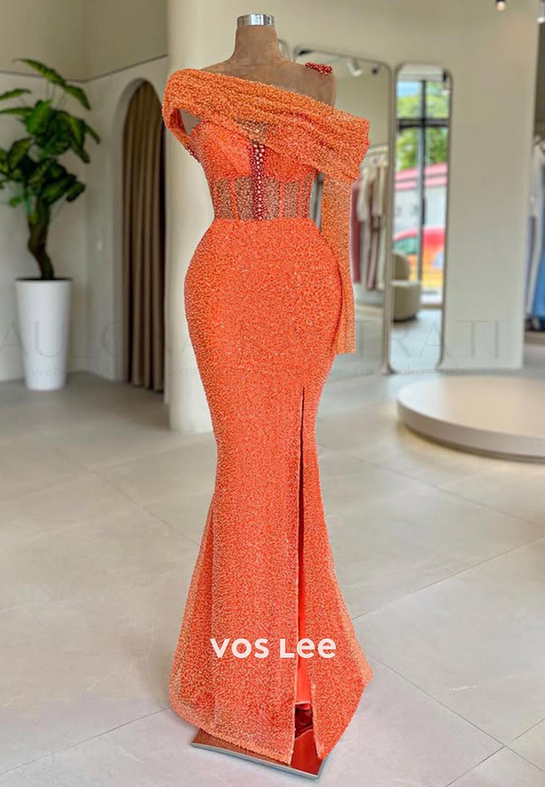 Orange Long Sleeves Off-Shoulder Mermaid Formal Dresses with High Slit