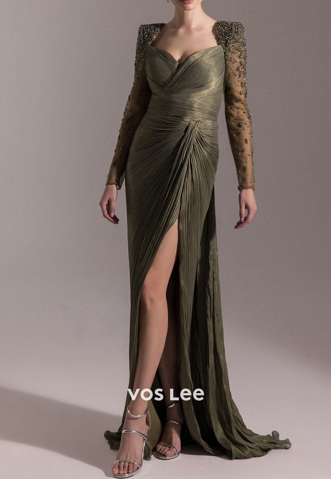 Long Sleeve Rhinestone Sweetheart Floor-Length Pleated Sheath Evening Dresses with Split