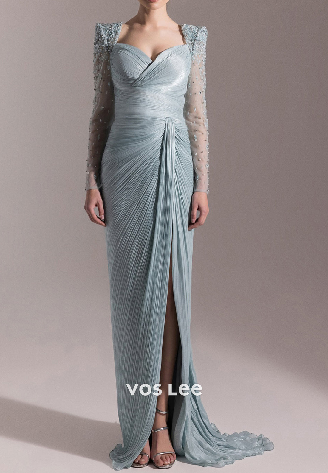 Long Sleeve Rhinestone Sweetheart Floor-Length Pleated Sheath Evening Dresses with Split