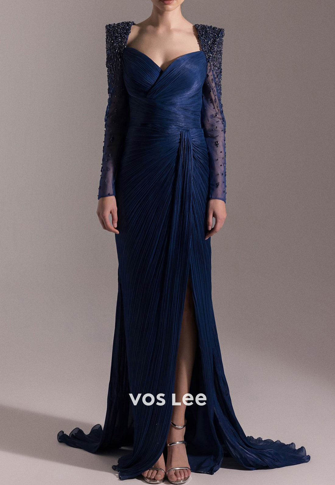 Long Sleeve Rhinestone Sweetheart Floor-Length Pleated Sheath Evening Dresses with Split
