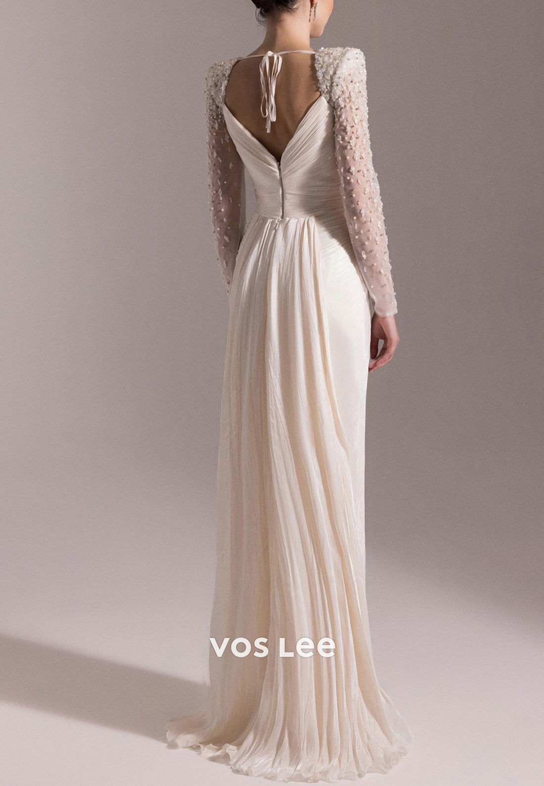 Long Sleeve Rhinestone Sweetheart Floor-Length Pleated Sheath Evening Dresses with Split