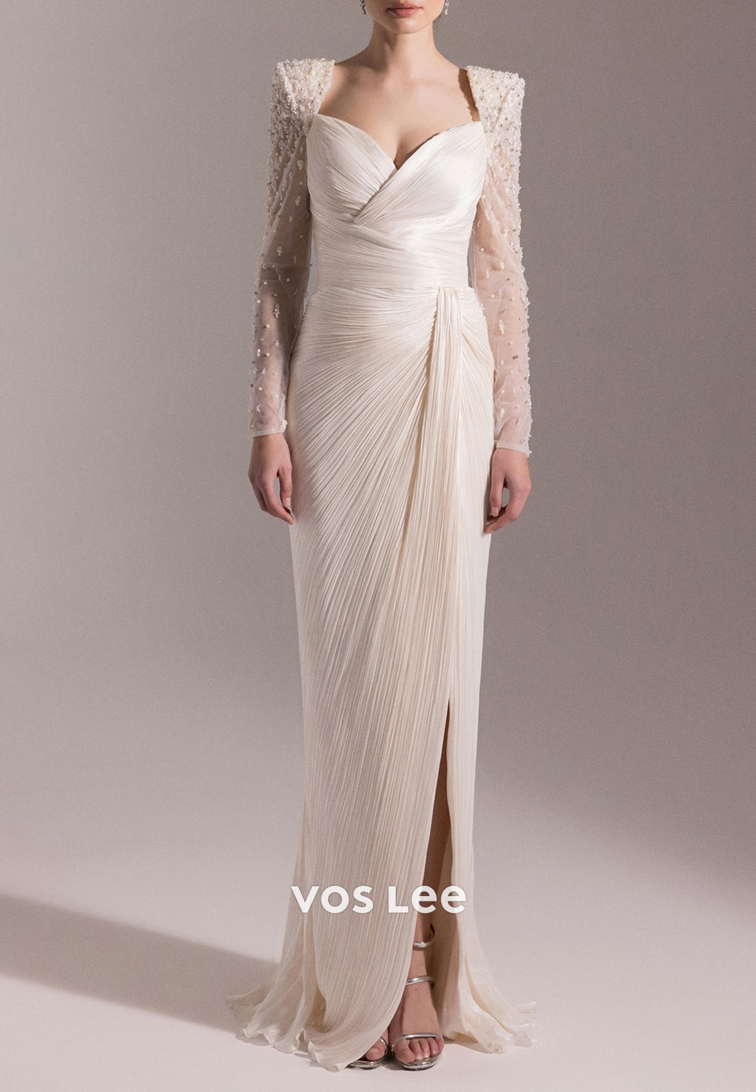 Long Sleeve Rhinestone Sweetheart Floor-Length Pleated Sheath Evening Dresses with Split