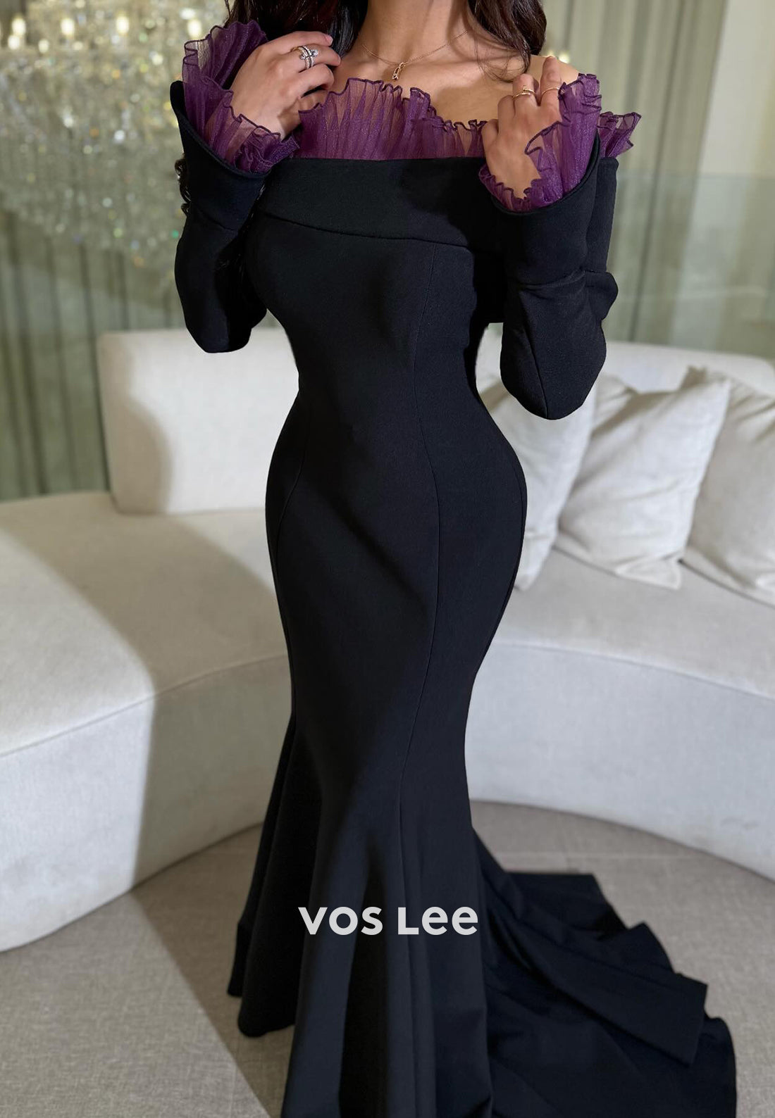 Long Sleeve Off the Shoulder Pleated Mermaid Sexy Evening Dresses with Sweep Train