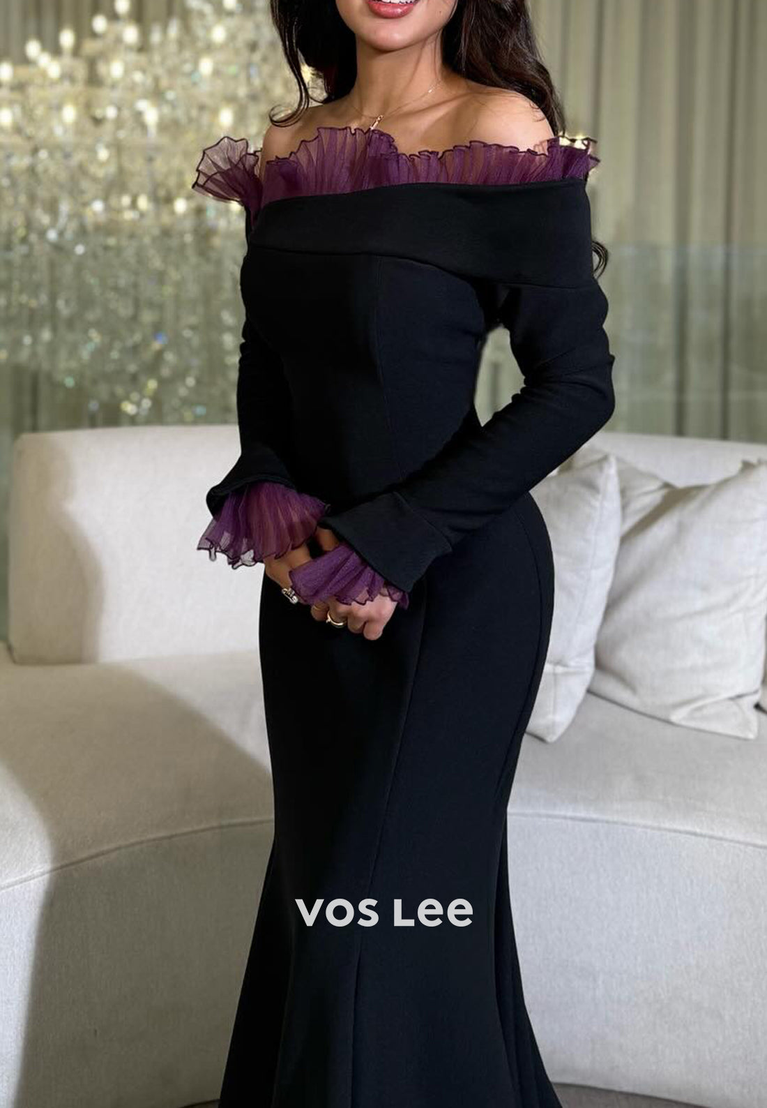 Long Sleeve Off the Shoulder Pleated Mermaid Sexy Evening Dresses with Sweep Train