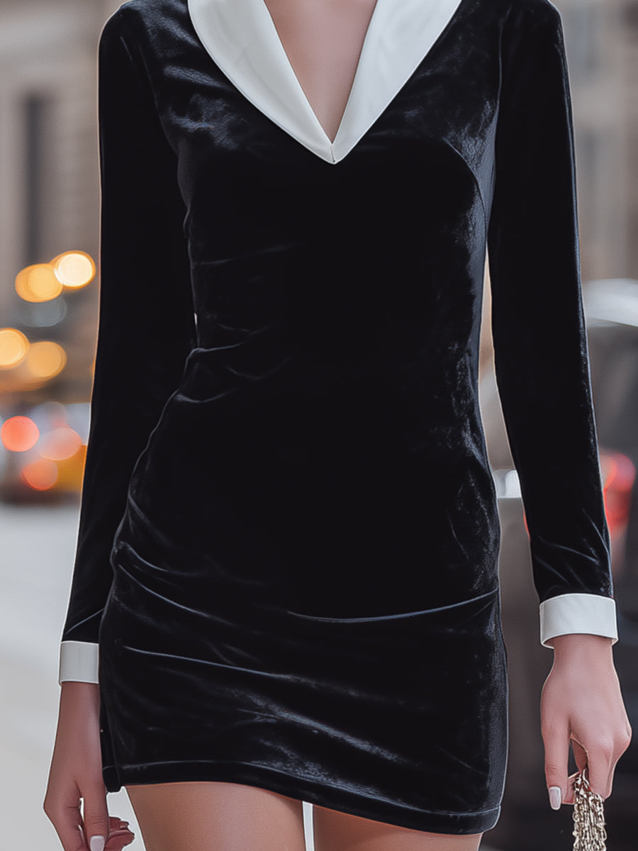 Velvet Contrast Collar Long Sleeve Mini Dress