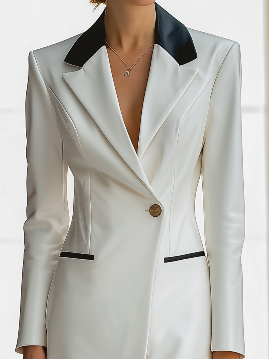 Elegant Faux Leather Tuxedo-Inspired Blazer Dress With Black Lapels