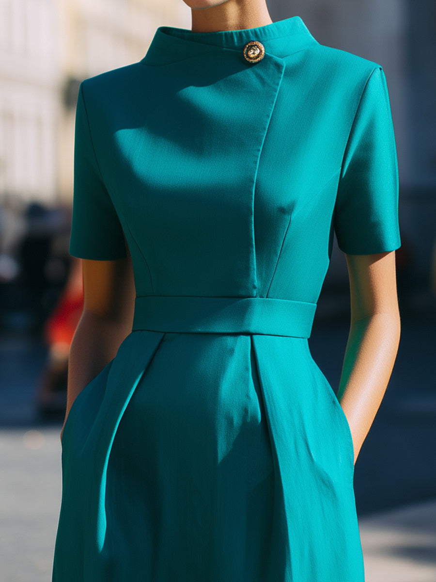 Asymmetric Button High-Neck Midi Dress In Teal Green