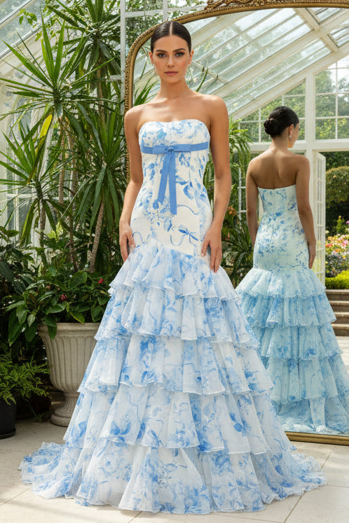 Mermaid Strapless Pink Floral Chiffon Prom Dress