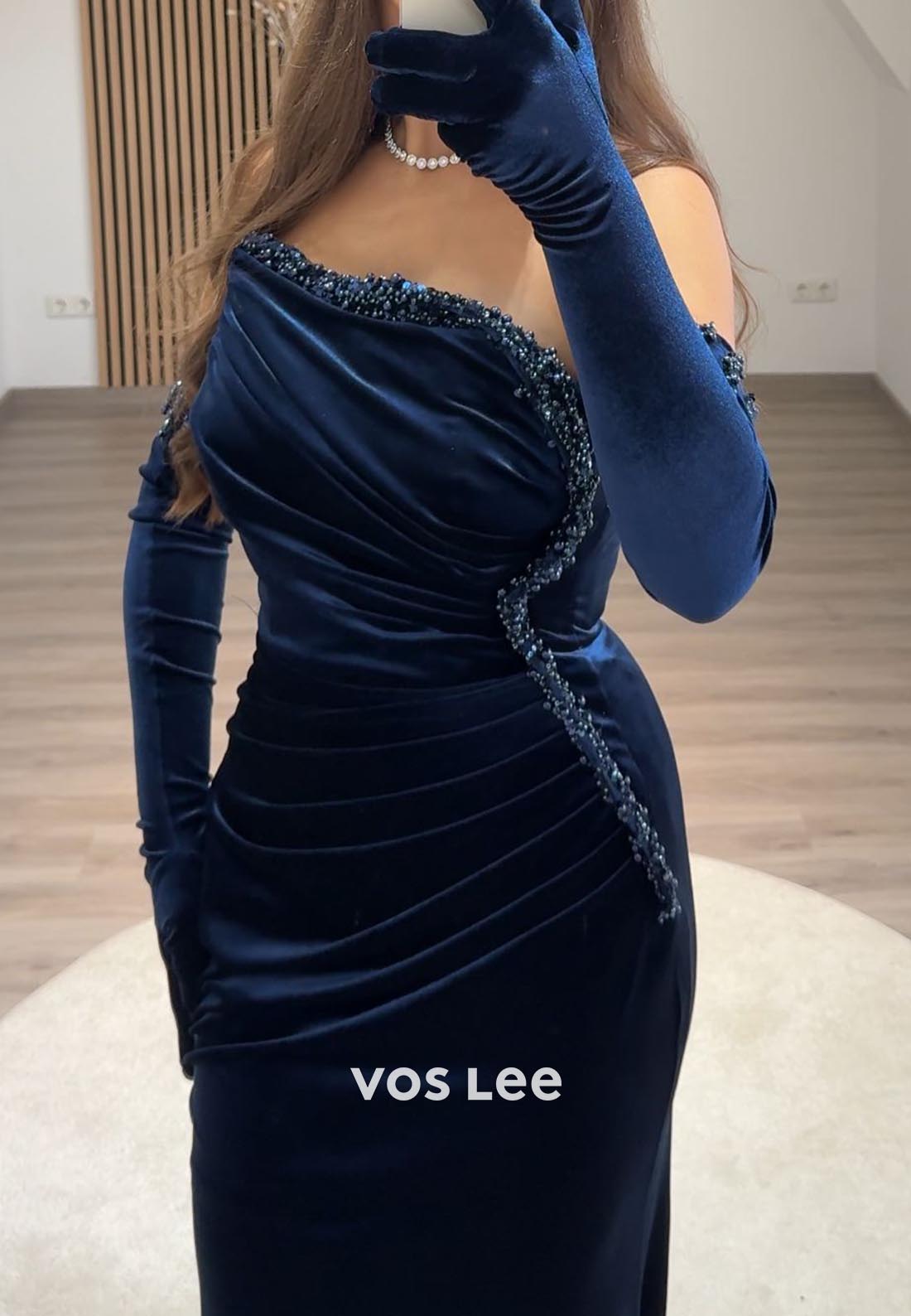 Strapless Velvet Ruched Strapless Pearl Mermaid Long Formal Dresses with Long gloves