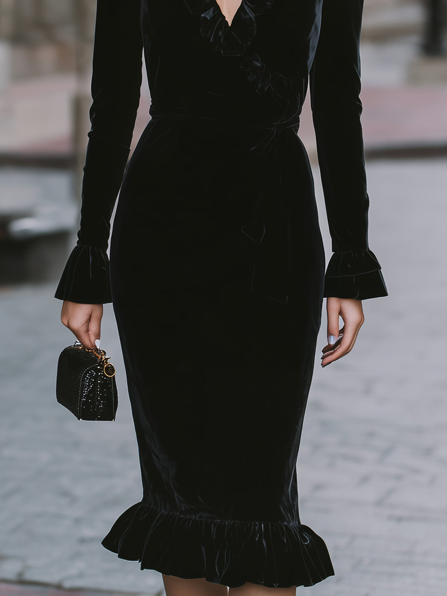 Elegant Black Velvet Ruffled Wrap Dress