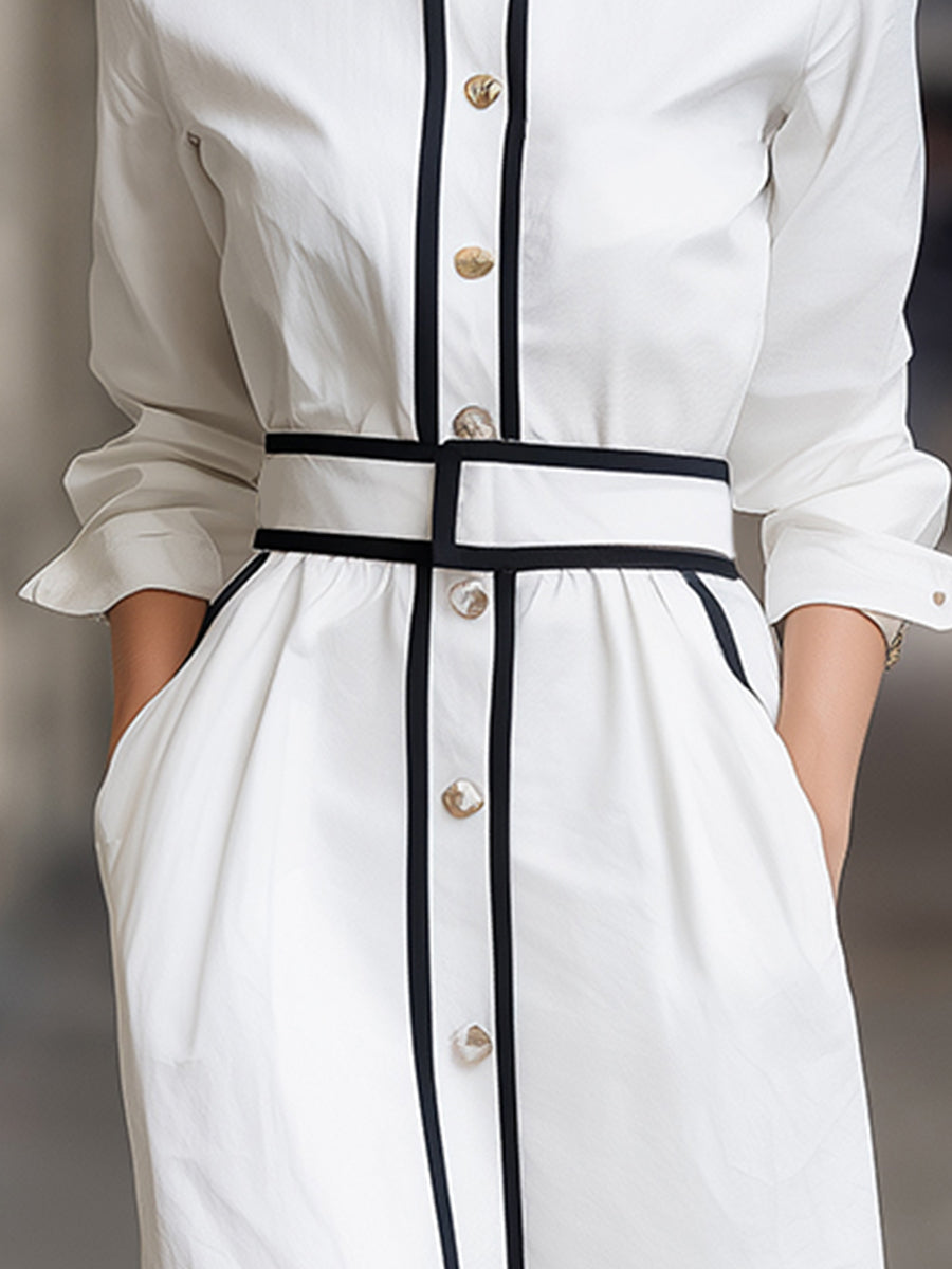 Stylish Contrast Trim Belted Shirt Dress
