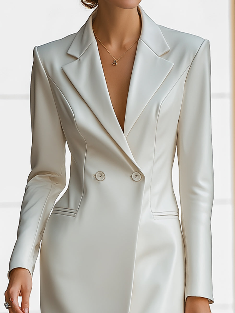 Elegant Double-Breasted Faux Leather Blazer Midi Dress