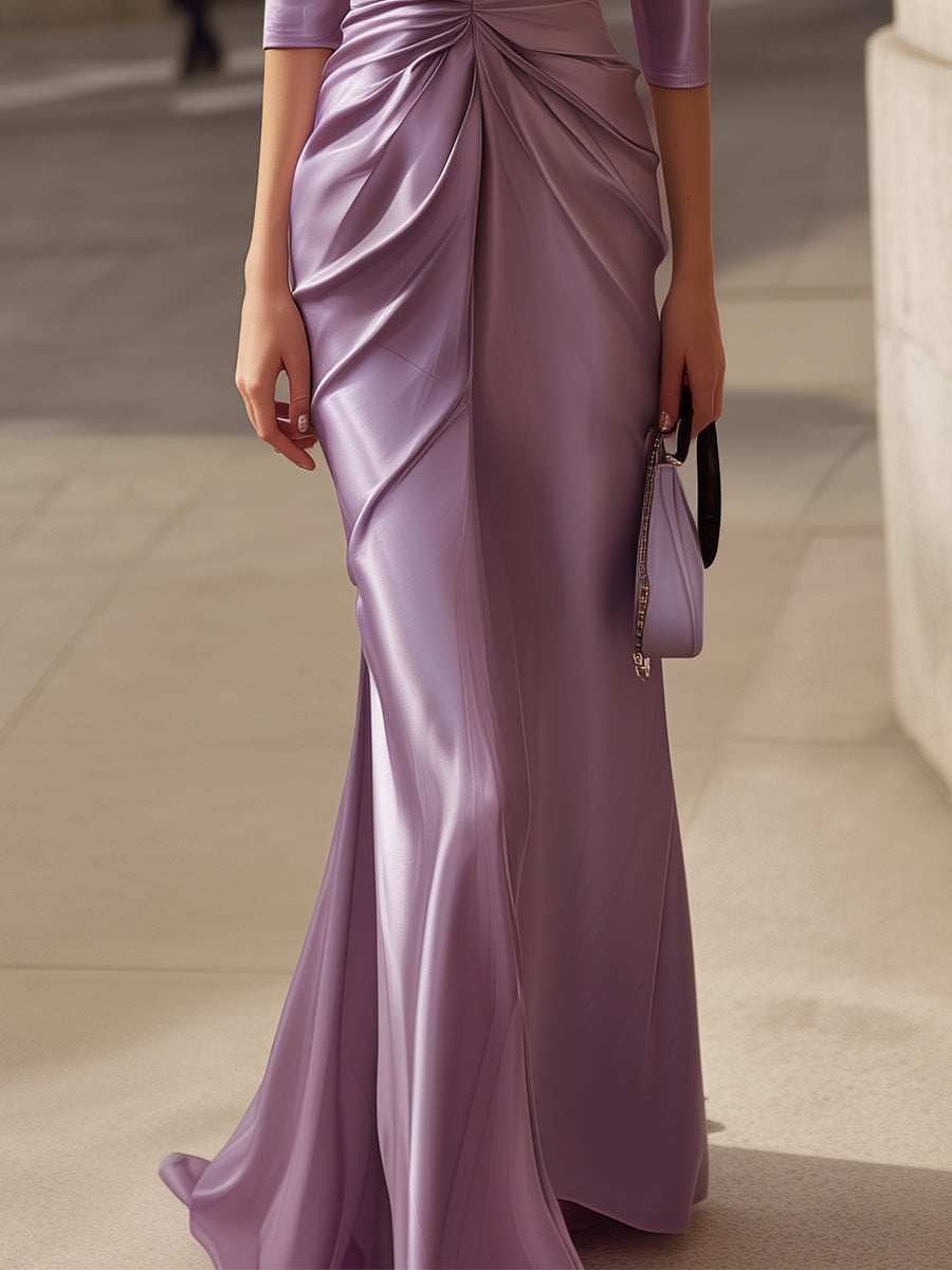 VOS LEE Lavender Ruched Satin Gown With Draped Bodice
