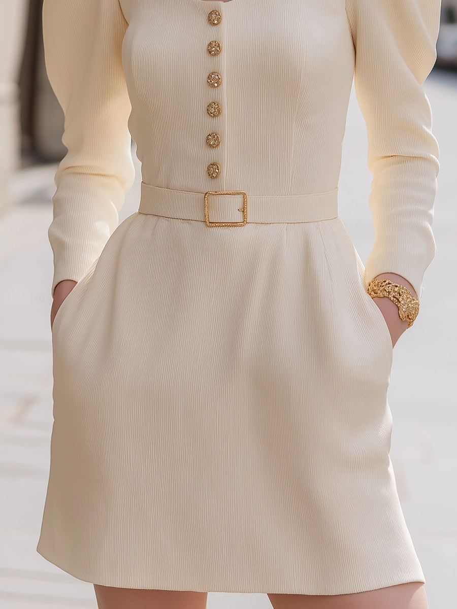 Elegant Belted Puff-Sleeve A-Line Dress With Button Detailing