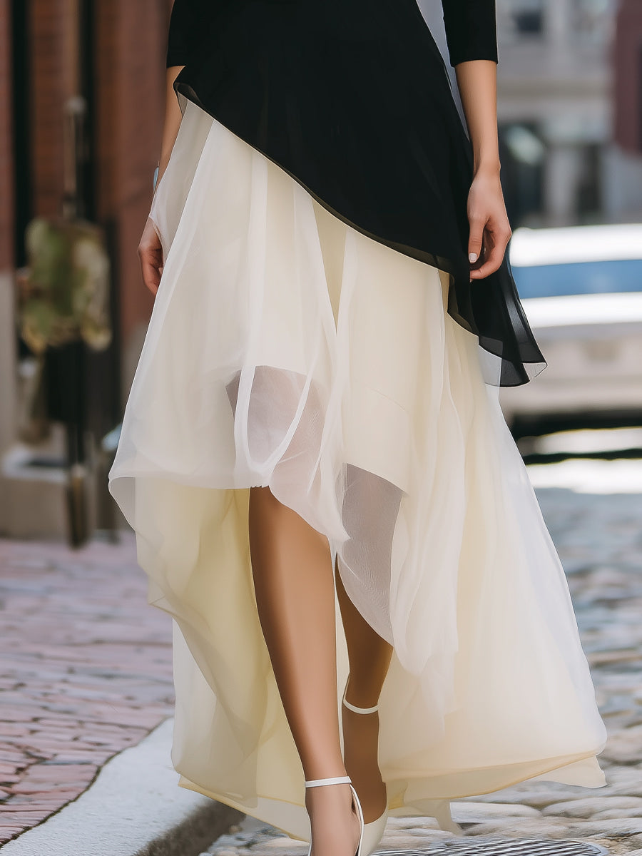 Asymmetric Peplum Layered Tulle Maxi Dress