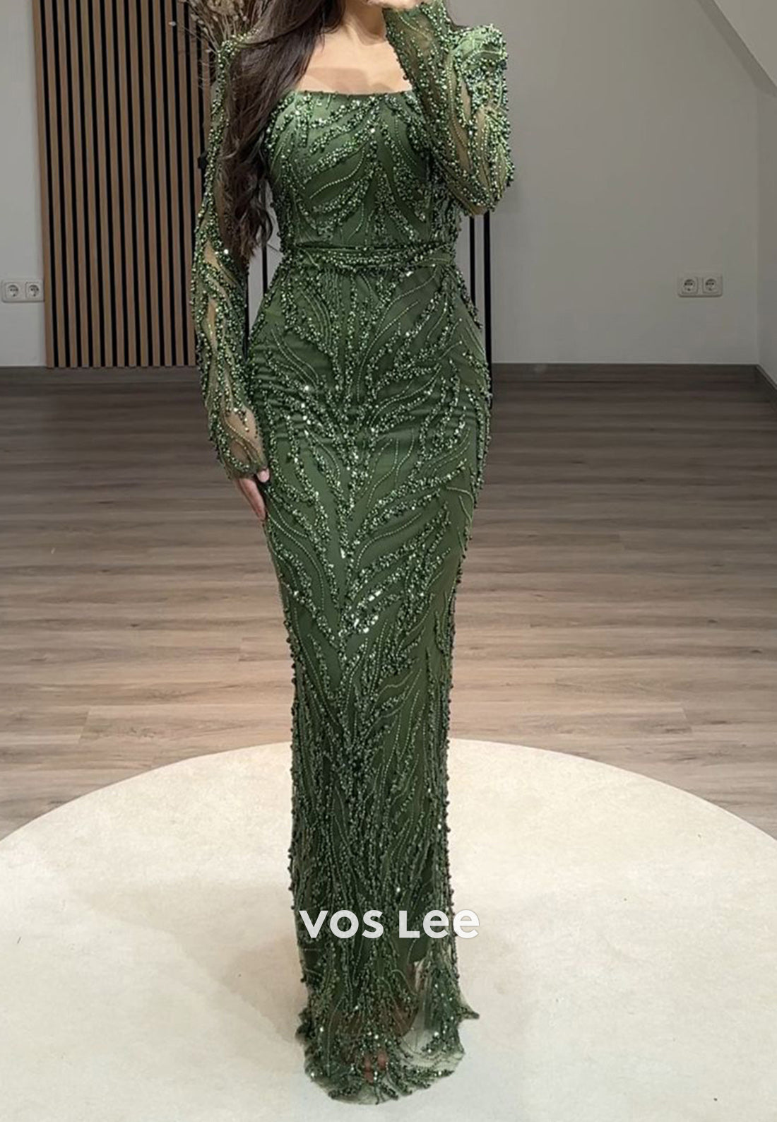 Full Beaded Square Evening Dress Long Sleeves Sheath Formal Party Gown