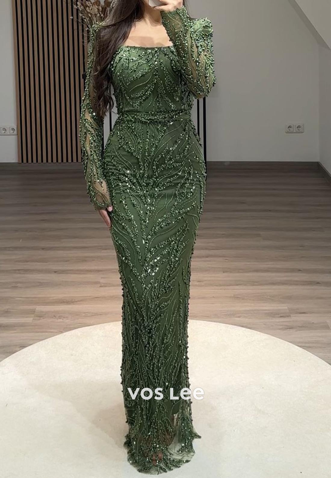 Elegance Allover Lace Beaded Long Sleeves Mermaid Evening Formal Dresses