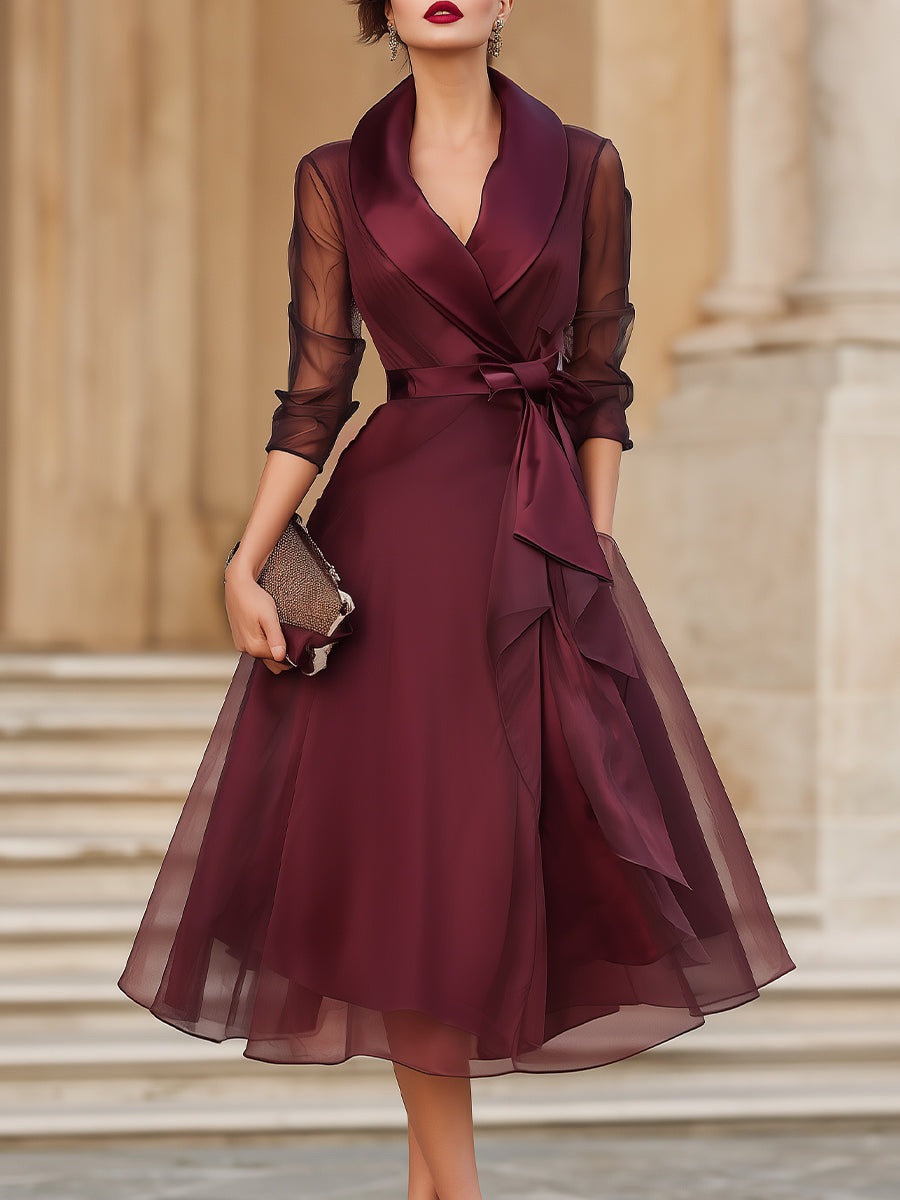 sheer sleeve midi dress Connected Petite Shirred-Waist Sheer-Sleeve Do Not Bleach REORIA Women's Fall Mesh Sheer