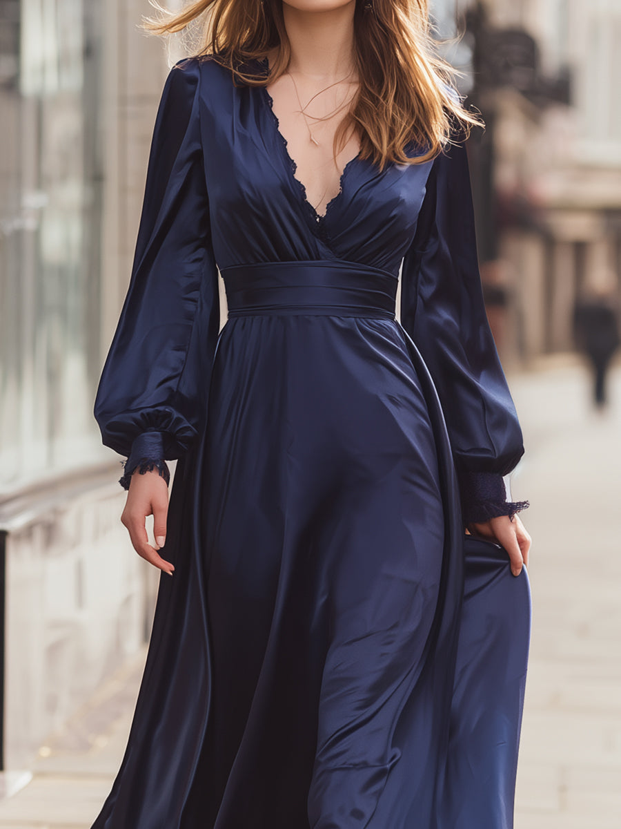 Midnight Navy Satin Maxi Dress With Lace Trim