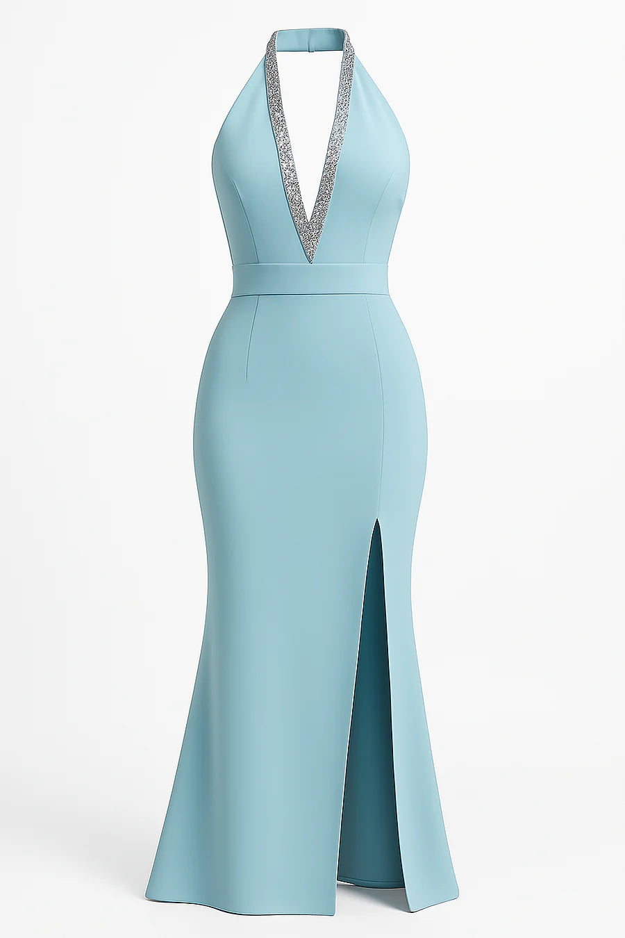 Elegant Silver Rhinestone Detail Halter Neckline Light Blue Split Dress