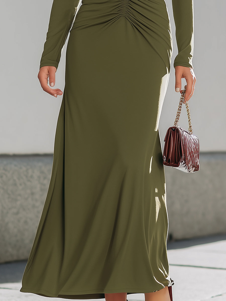 Elegant Ruched Keyhole Long Sleeve Maxi Dress
