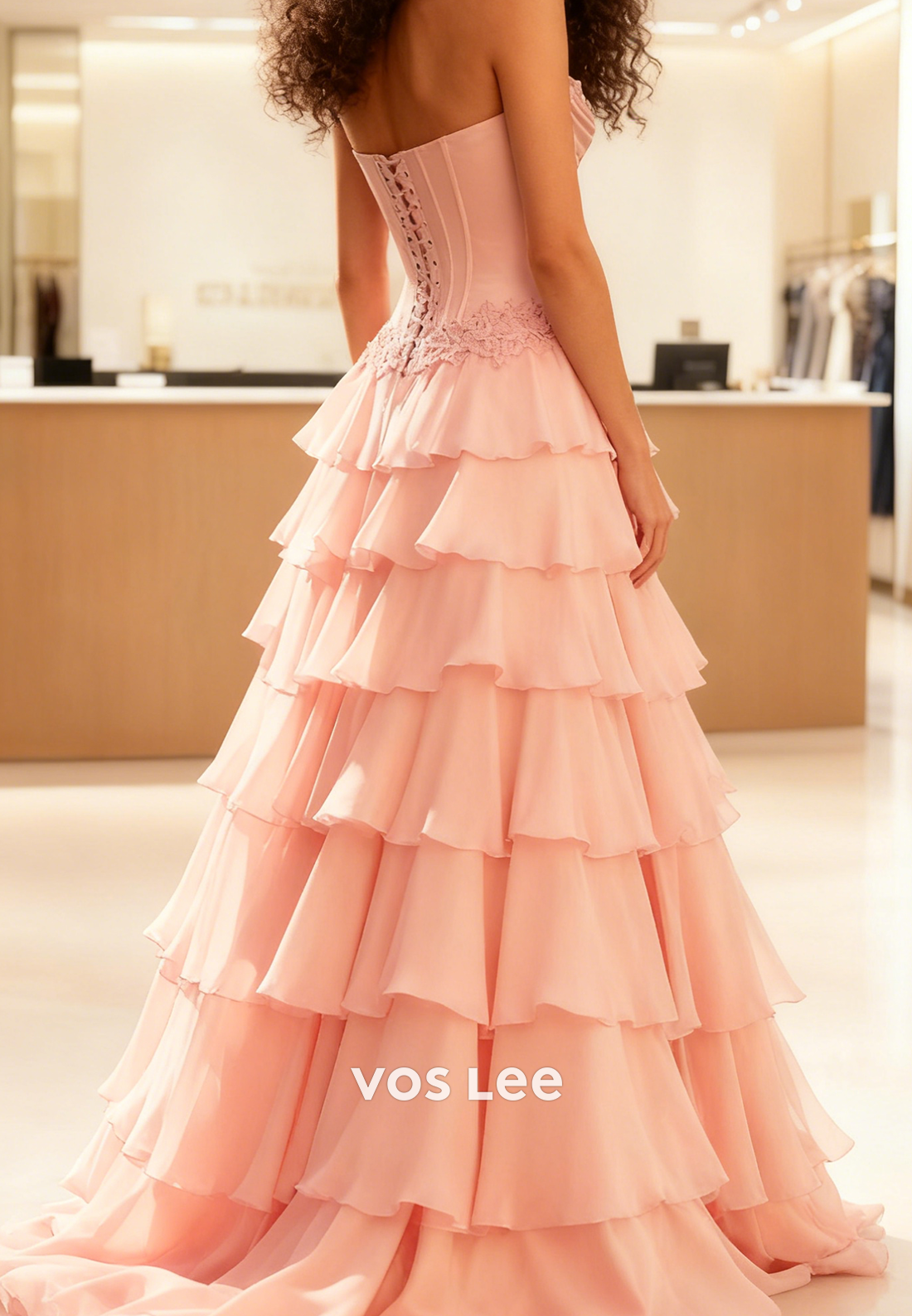 Fashion Lace Appliques Chiffon Tiered A-line Long Prom Dresses