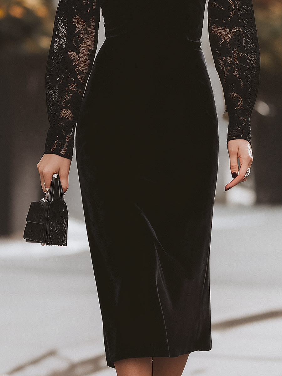 Black Velvet And Lace Midi Dress