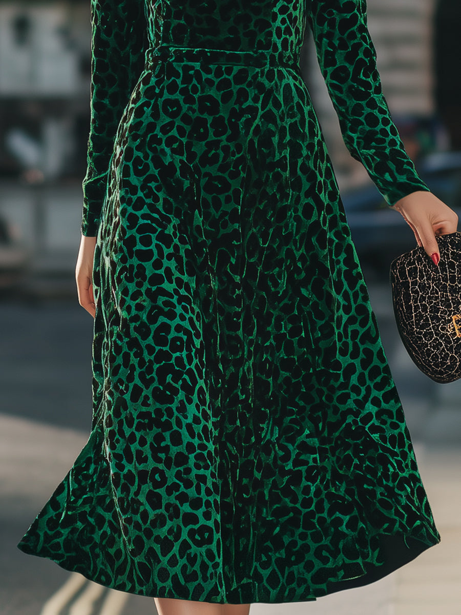 Emerald Green Velvet Midi Dress With Leopard Print & High Neck