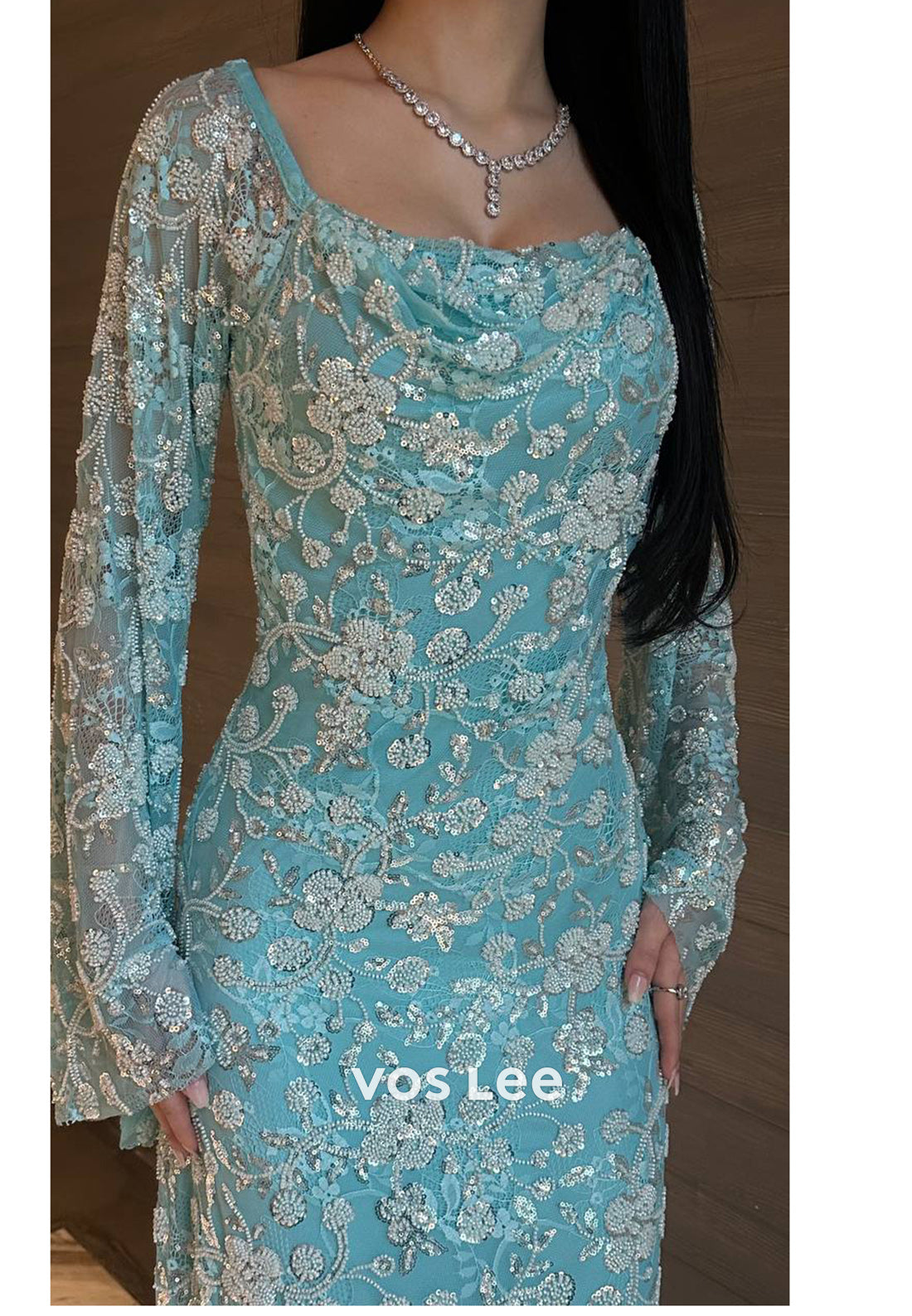 Sky Blue Appliques Lace Long Sleeve Pleated Sequins Ankle-Length Evening Dresses
