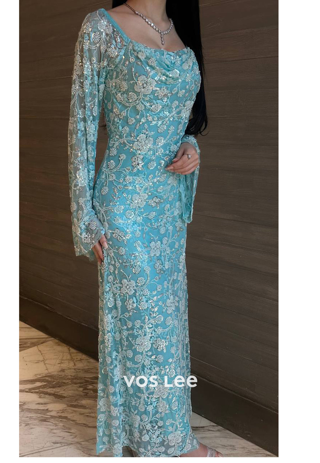 Sky Blue Appliques Lace Long Sleeve Pleated Sequins Ankle-Length Evening Dresses
