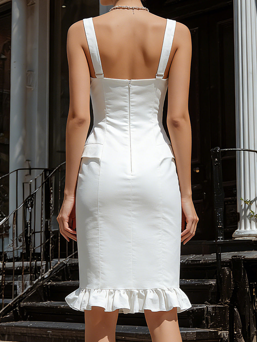 Elegant White Sweetheart Neck Ruffle Hem Midi Dress