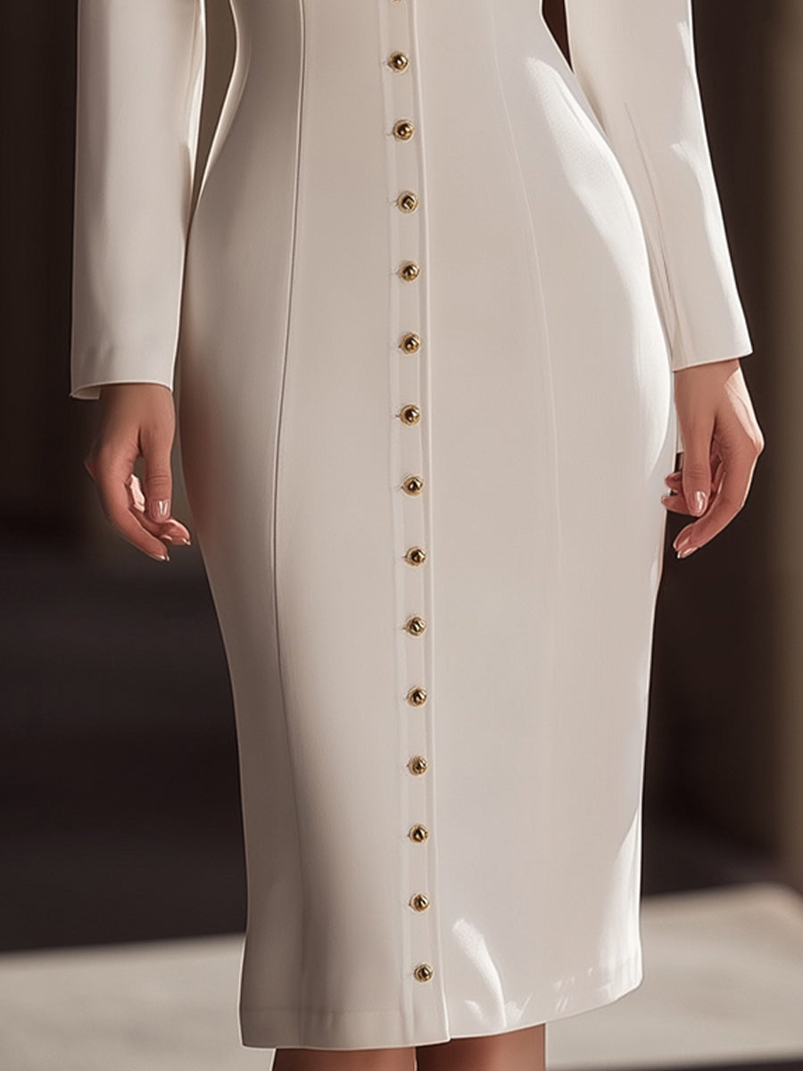 Elegant Button-Up Tailored Lapel Midi Dress