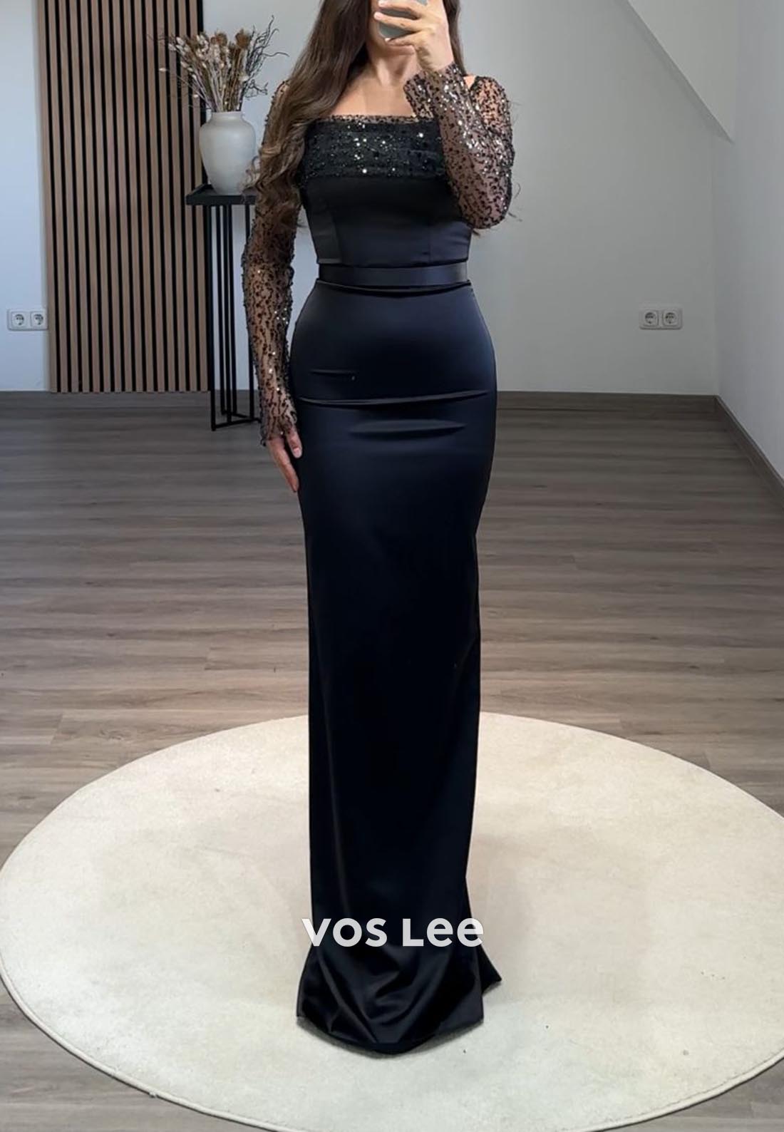 Long Sleeves Sequined Mermaid Formal Dresses with Detachable Train