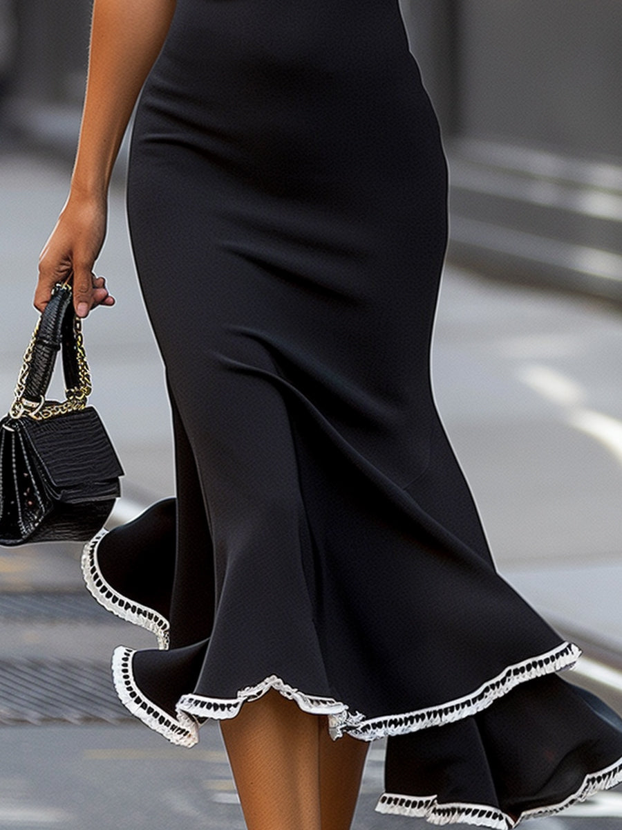 Black Contrast Trim Midi Slip Dress With Ruffled Hem Wedding Guest Dresses