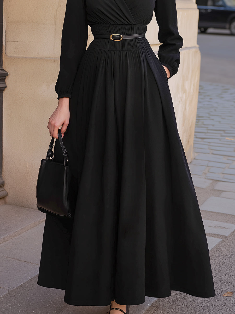Long-Sleeve A-Line Maxi Dress With Belted Waist