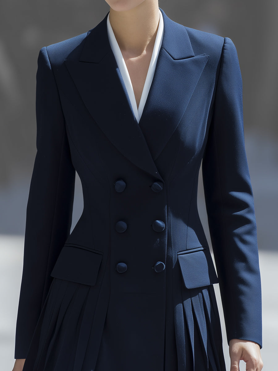 Navy Double-Breasted Pleated Blazer Dress
