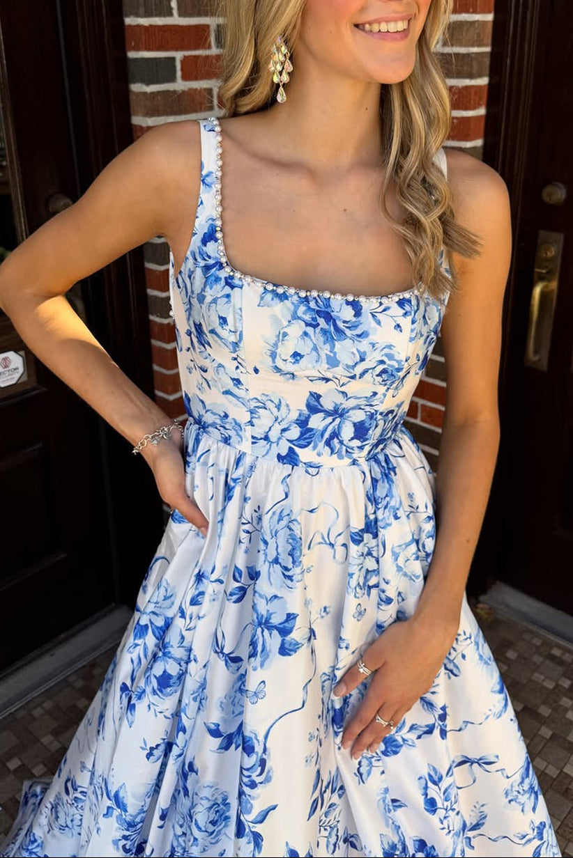 Charming A Line Square Neck Floral Satin Prom Dress with Pearls
