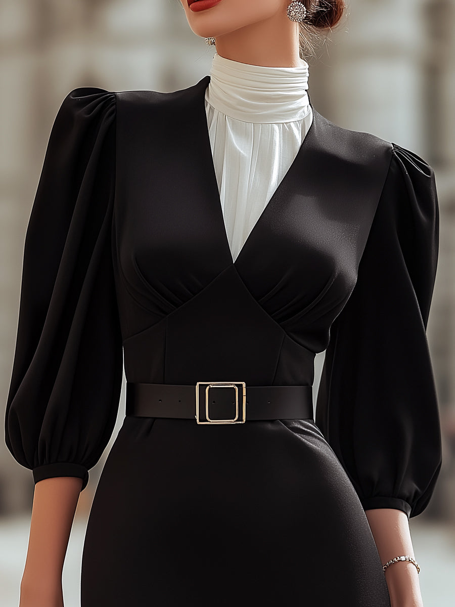 Faux Two-Piece Turtleneck Puff Sleeve Belted Pencil Dress