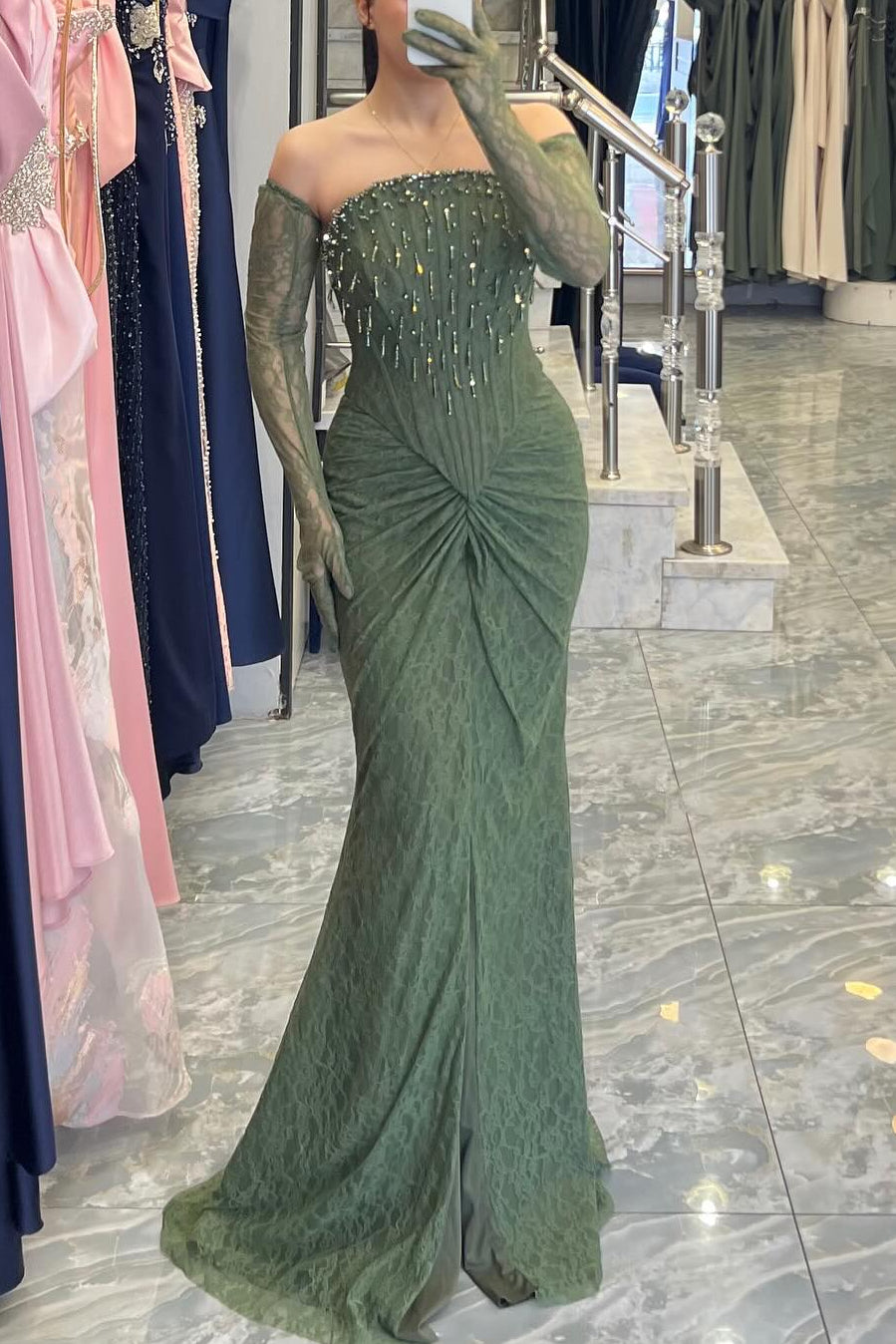 Luxury Strapless Pleat Evening Dress | Ruched Lace Fishtail Bead Gown