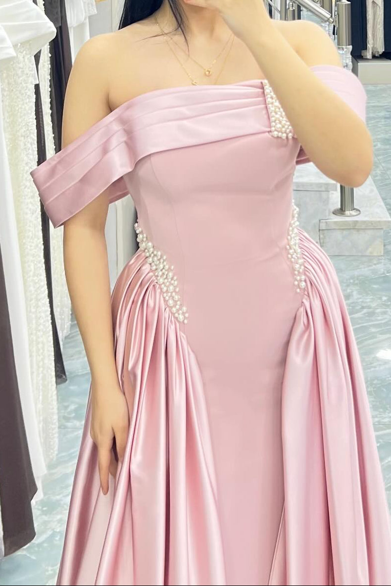 Navy Blue Off-the-Shoulder Satin Gown | Pearls Embellished Formal Dress