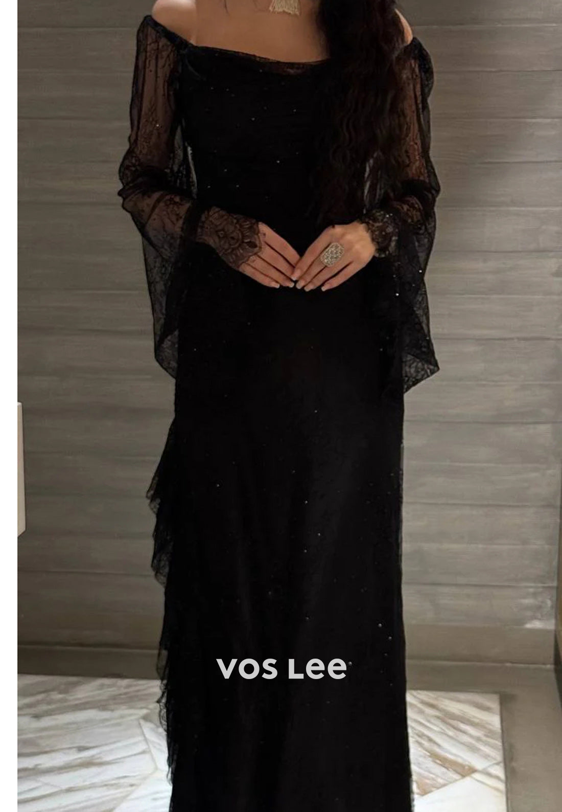 Elegant & Luxurious Long Sleeve Off the Shoulder Lace Ankle-Length Sheath Evening Dresses