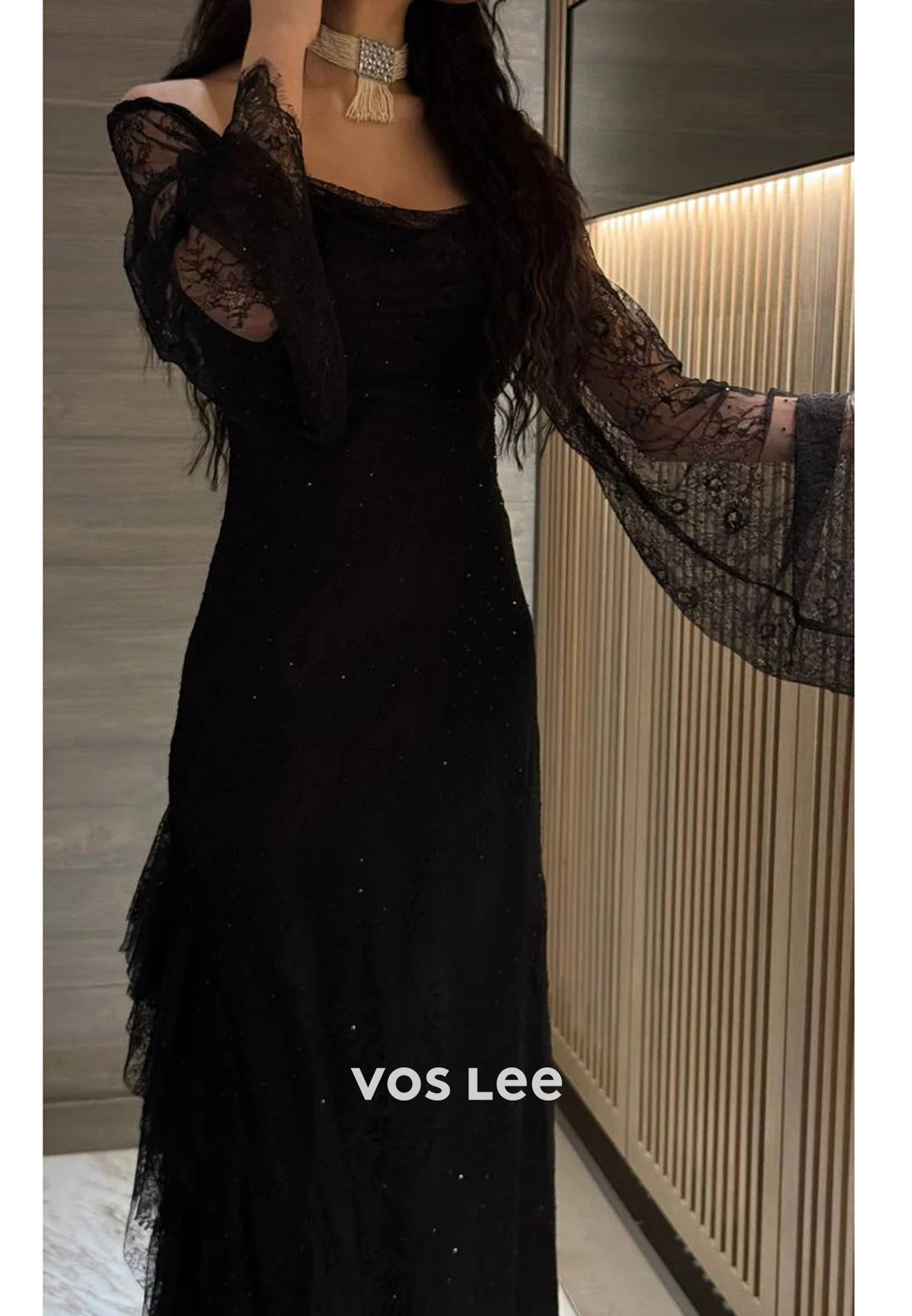 Elegant & Luxurious Long Sleeve Off the Shoulder Lace Ankle-Length Sheath Evening Dresses