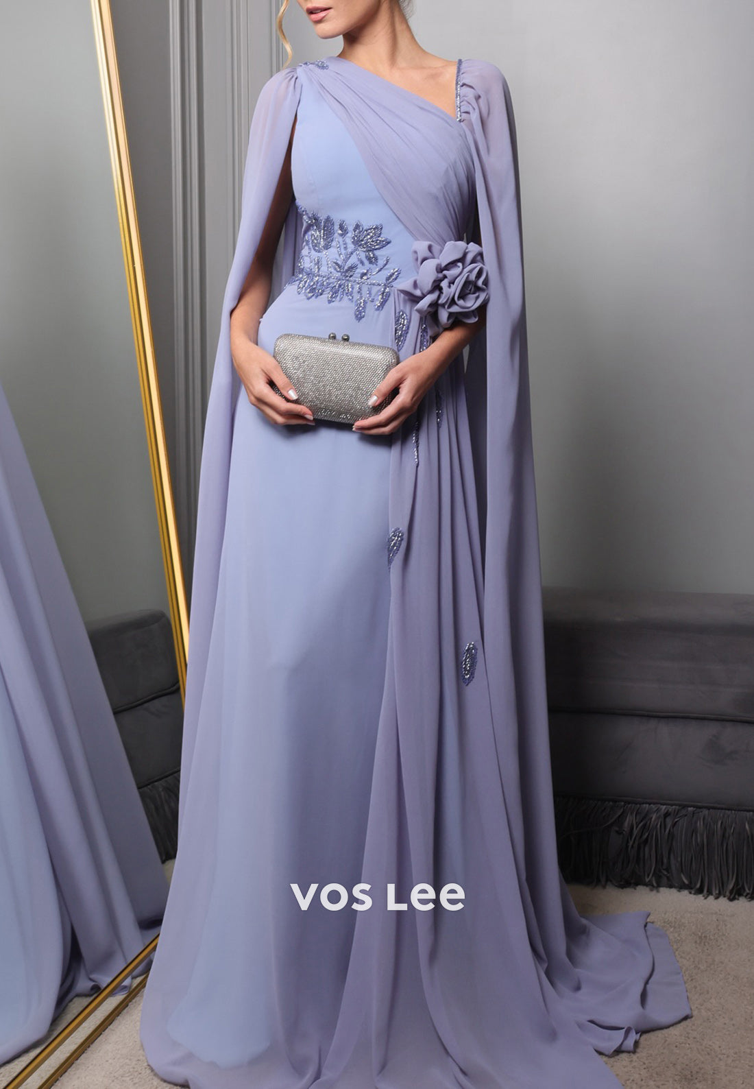 A-Line Asymmetrical Neck Flowers Beaded Embellished Evening Dresses with Sweep Train