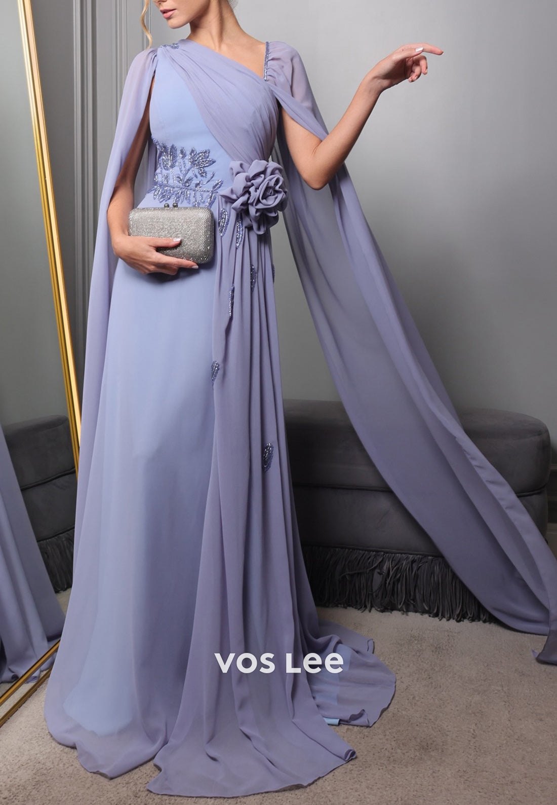 A-Line Asymmetrical Neck Flowers Beaded Embellished Evening Dresses with Sweep Train
