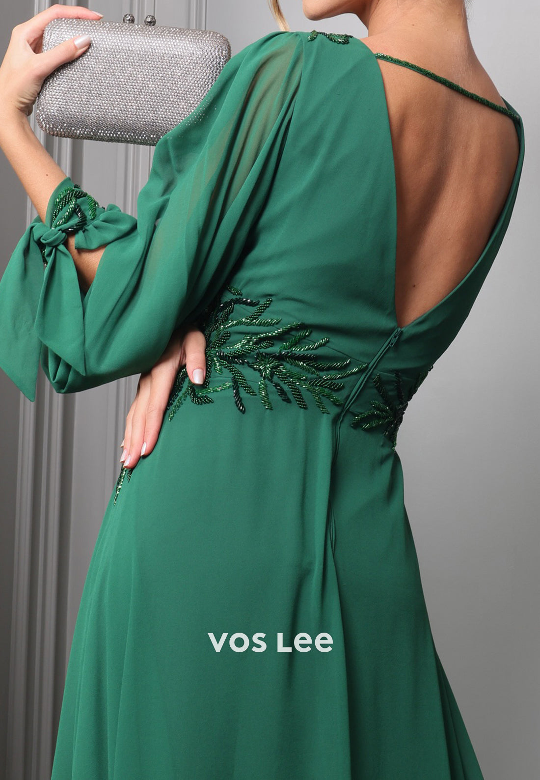 A-Line Long Sleeve V Neck Beaded Embellished Pleated Evening Dresses