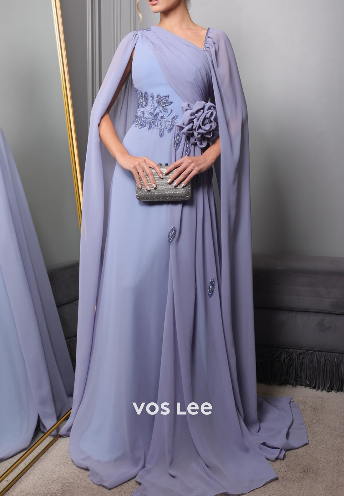 A-Line Asymmetrical Neck Flowers Beaded Embellished Evening Dresses with Sweep Train