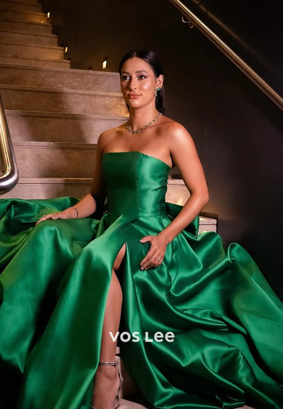 Solid Green Strapless with Slit A-Line Evening Dress Formal Party Dresses