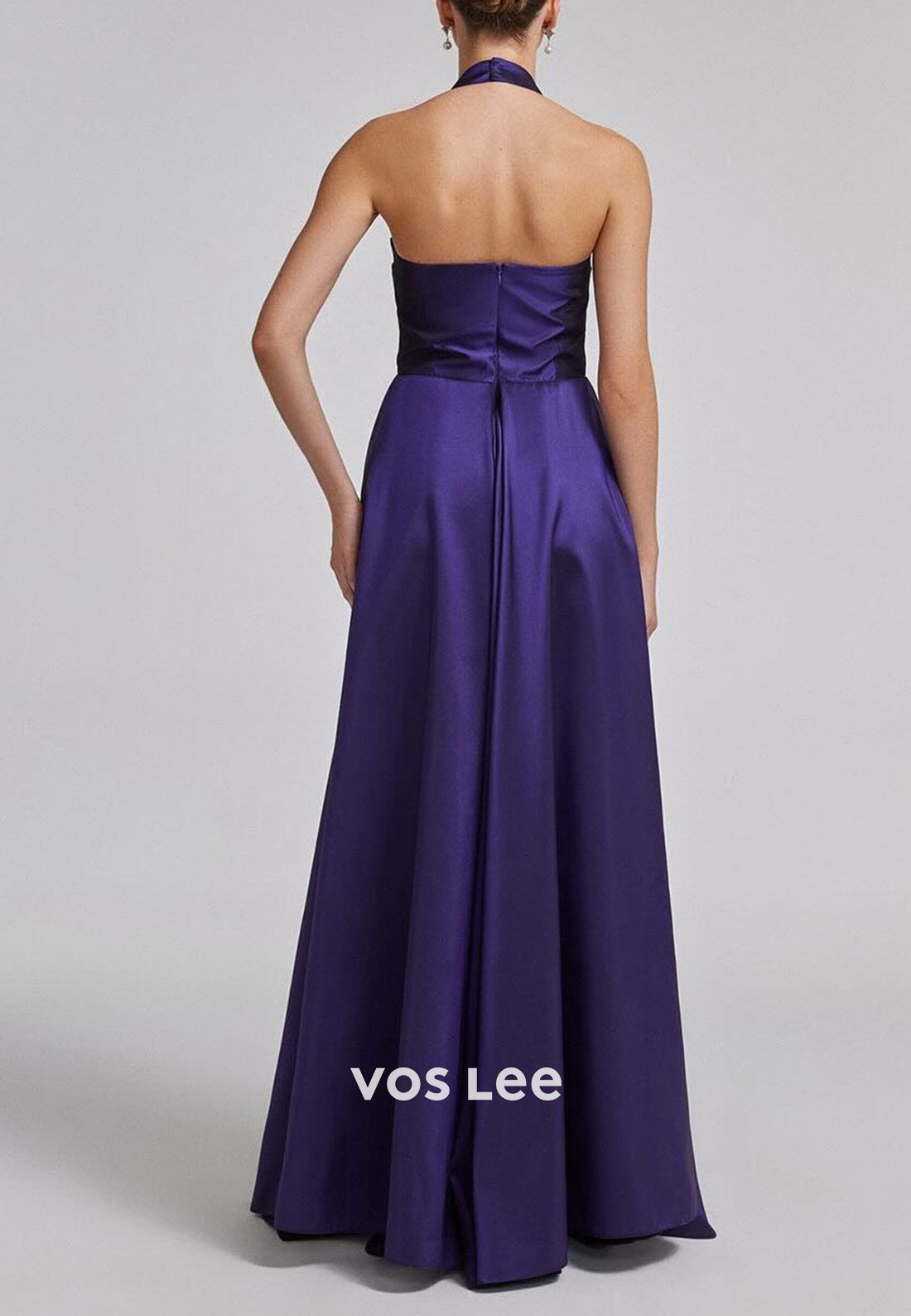Classic A-Line Halter Sleeveless Pleated Floor-Length Evening Dresses Formal Dresses