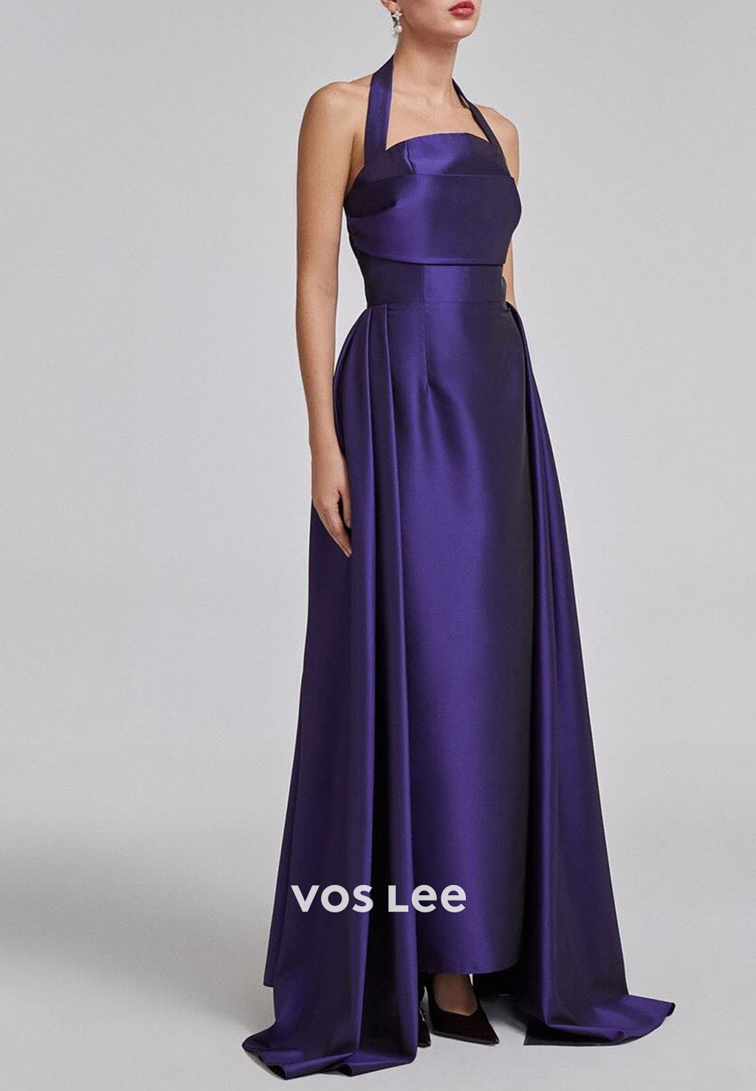 Classic A-Line Halter Sleeveless Pleated Floor-Length Evening Dresses Formal Dresses