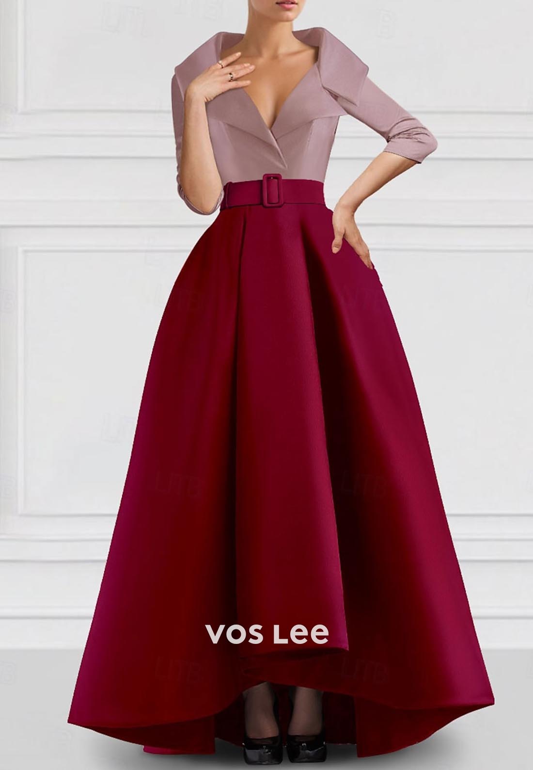 Classic A-Line V-Neck Long Sleeves High Low Evening Formal Dress